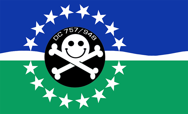 DEF CON logo superimposed over a flag of Hampton Roads Virginia